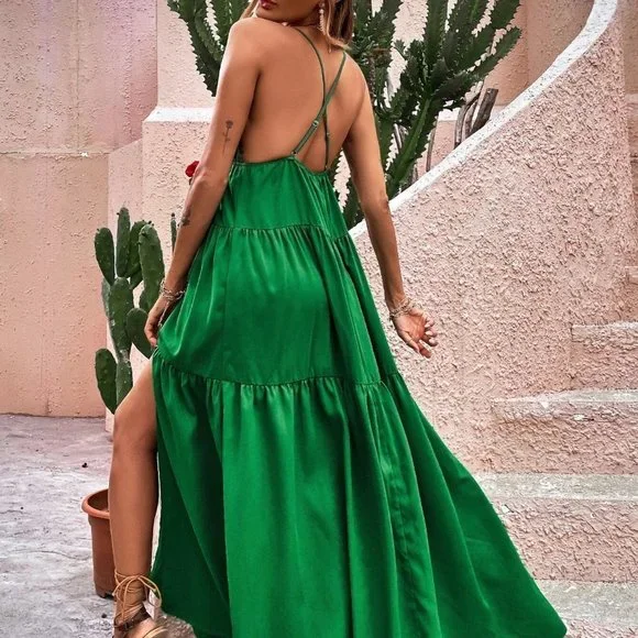 Green Boho Womens Criss Cross Backless Split Thigh Maxi Dress - Picture 2 of 5